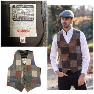 Shandon Irish Donegal Tweed Wool Patchwork Waistcoat Vest Pockets Brown Green